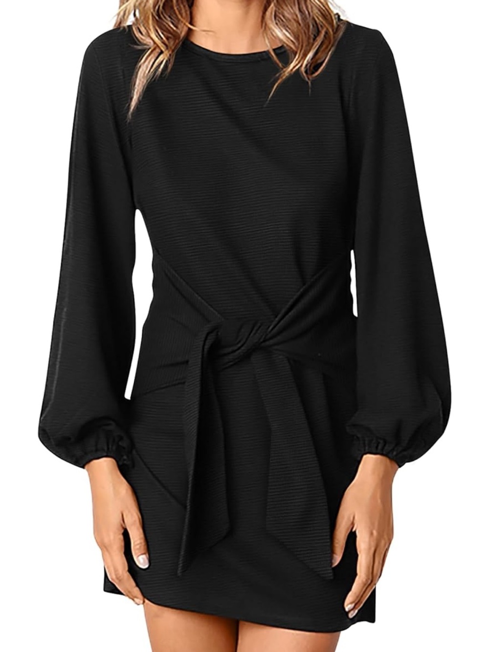 Black Long-Sleeve Tie-Front Mini Dress